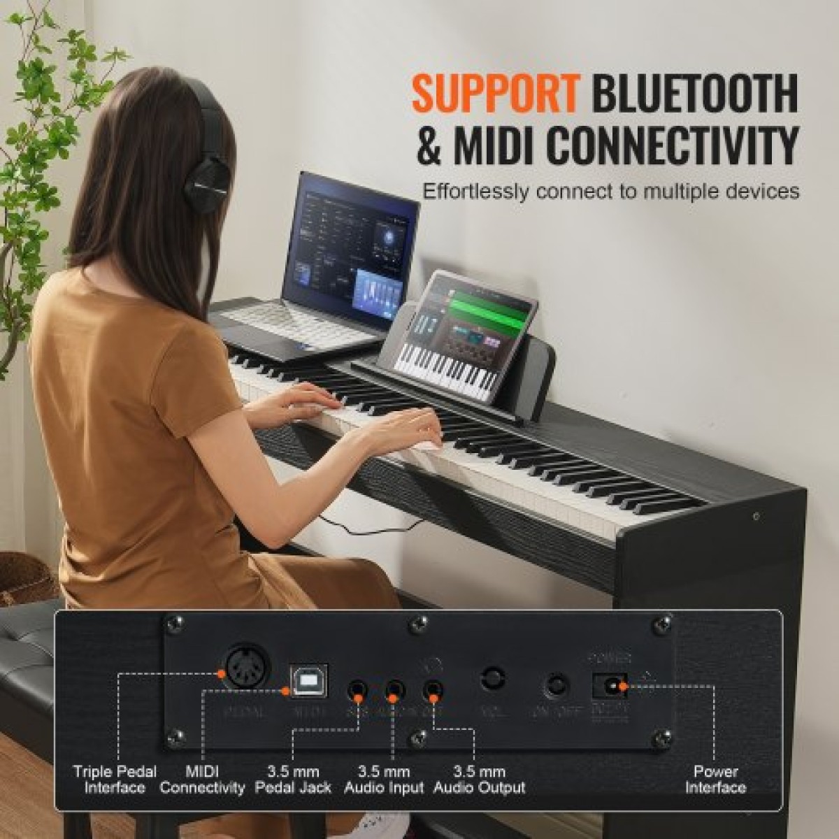 VEVOR Weighted Digital Piano, Πλήκτρα 88 Πλήκτρων Πλήρως Ζυγισμένη, Διπλό Πληκτρολόγιο & Ηχεία Απλή βάση ντουλαπιού με διπλά ακουστικά 200 τόνους & ρυθμούς, υποστήριξη Bluetooth/USB/MIDI, Μάθημα για καθηγητές