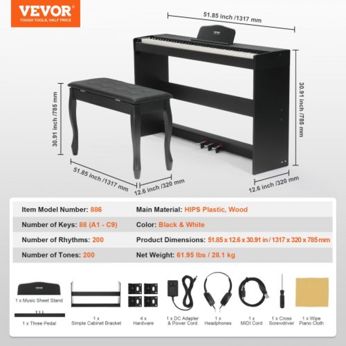 VEVOR Weighted Digital Piano, Πλήκτρα 88 Πλήκτρων Πλήρως Ζυγισμένη, Διπλό Πληκτρολόγιο & Ηχεία Απλή βάση ντουλαπιού με διπλά ακουστικά 200 τόνους & ρυθμούς, υποστήριξη Bluetooth/USB/MIDI, Μάθημα για καθηγητές