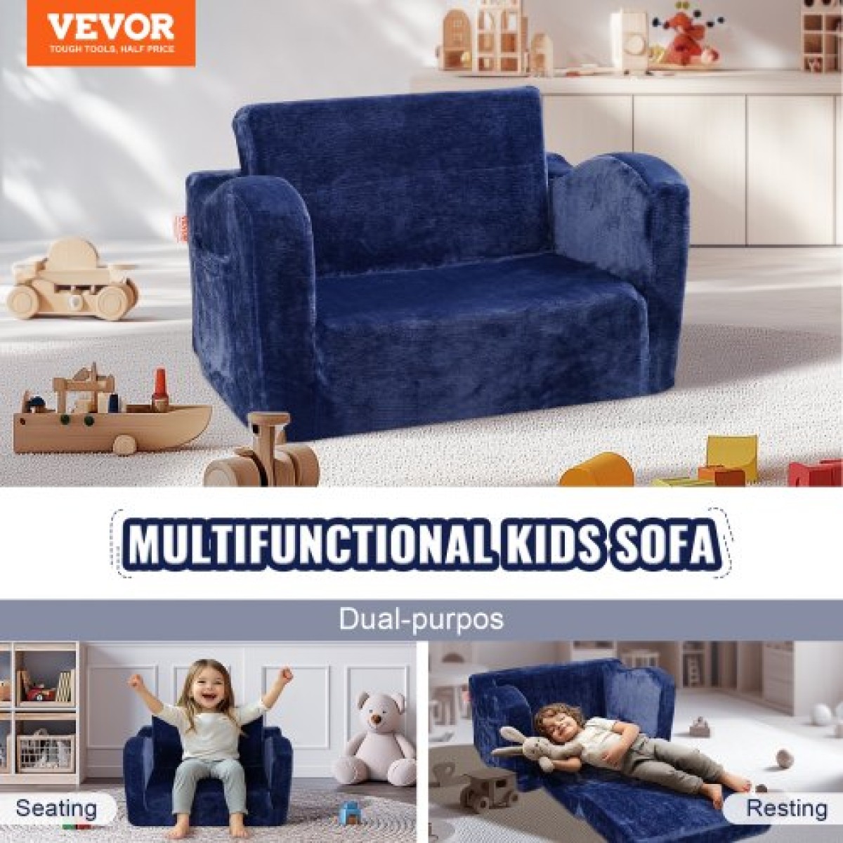 VEVOR Παιδικός καναπές, παιδικές καρέκλες 2 σε 1 Άνετες, παιδικός καναπές-κρεβάτι αναδιπλούμενος, μετατρέψιμος καναπές σε ξαπλώστρα, παιδική καρέκλα Έπιπλα playroom για παιδιά, κορίτσια και αγόρια, μπλε