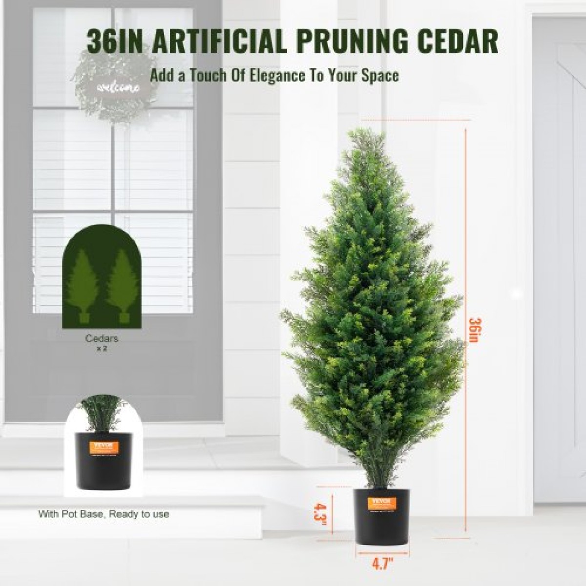 VEVOR Artificial Cedar Topiary Tree, ύψους 36 ιντσών (2 τεμάχια), με έξτρα φύλλα & γλάστρα Faux αειθαλές φυτό ψεύτικο πεύκο κυπαρίσσι, σετ τεχνητής πρασίνου με αξιολόγηση UV για διακόσμηση σπιτιού εσωτερικού/εξωτερικού χώρου