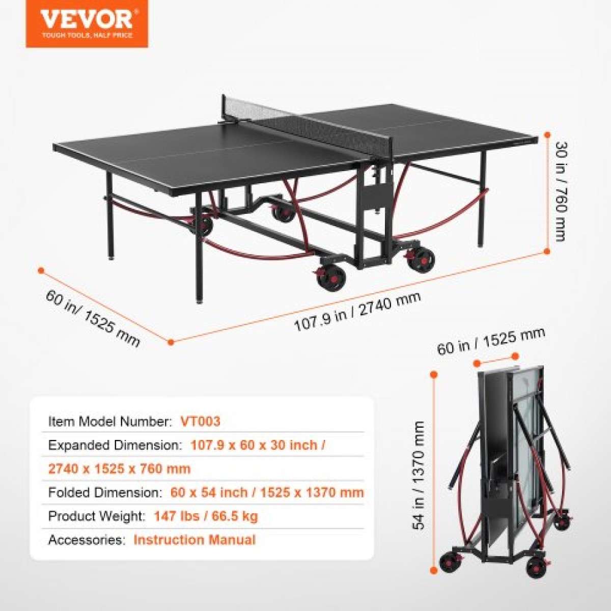 Τραπέζι πινγκ πονγκ VEVOR, Επαγγελματικό παιχνίδι επιτραπέζιας αντισφαίρισης, Τραπέζι πινγκ πονγκ από αλουμίνιο εσωτερικού/εξωτερικού χώρου για παντός καιρού, φορητό πτυσσόμενο τραπέζι με δίχτυ γρήγορου σφιγκτήρα & μεγάλους τροχούς που κλειδώνουν, συν