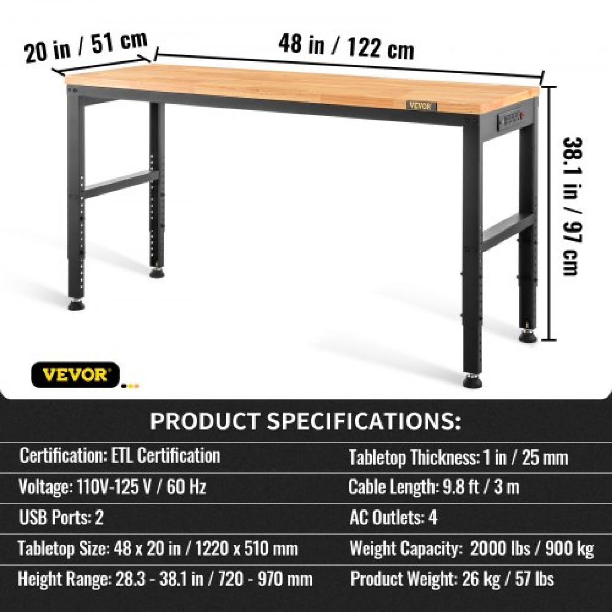 VEVOR ρυθμιζόμενο ύψος πάγκος εργασίας 121,9 cm L x 50,8 cm W Τραπέζι πάγκου εργασίας με πρίζα