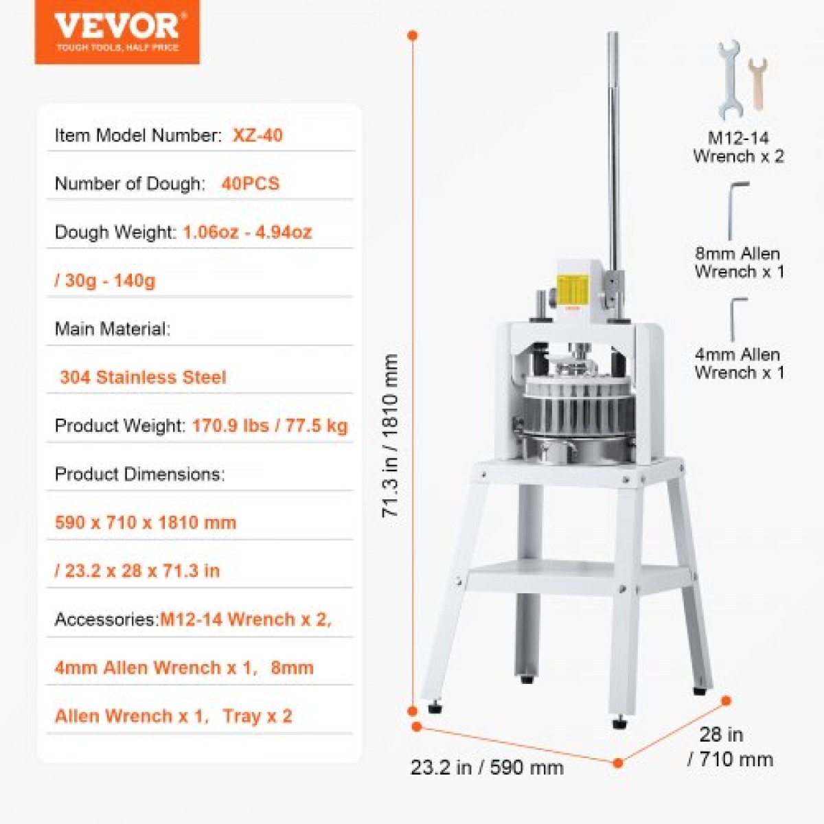VEVOR Dough Divider Rounder, 40PCS Manual Dough Equal Divider Machine, 1,06oz - 4,94oz Χειροπίεση Κόφτης ζύμης με δίσκο και λεπίδα από ανοξείδωτο ατσάλι 304, Αρτοποιός για αρτοποιεία, εστιατόρια, εμπορικά καταστήματα