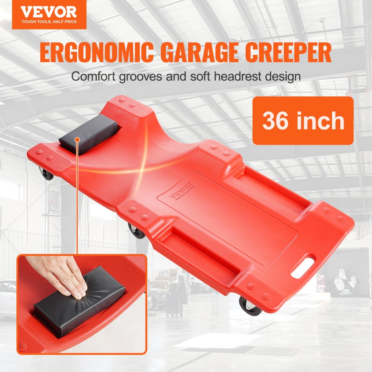VEVOR Mechanic Plastic Creeper, 914 mm, χωρητικότητας 158,8 kg Automotive Rolling Garage Creeper με χυτευμένο εργονομικό σώμα HDPE με επένδυση και διπλούς δίσκους εργαλείων 6 τροχούς, για επισκευή αυτοκινήτων Garage Shop