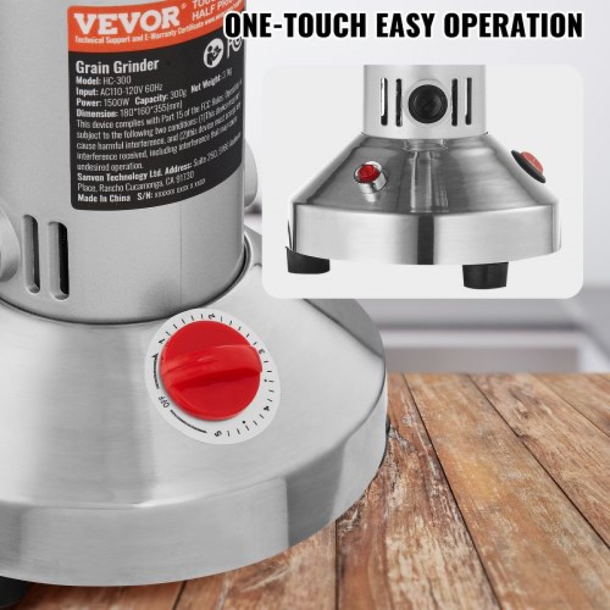 VEVOR 300g Ηλεκτρικός μύλος σιτηρών, Εμπορικοί μύλοι μπαχαρικών υψηλής ταχύτητας 1500W, μηχανή σε σκόνη πολτοποιητής από ανοξείδωτο χάλυβα, για ξηρούς κόκκους Μπαχαρικά Δημητριακά Καφές πιπέρι καλαμποκιού, ευθύς τύπος