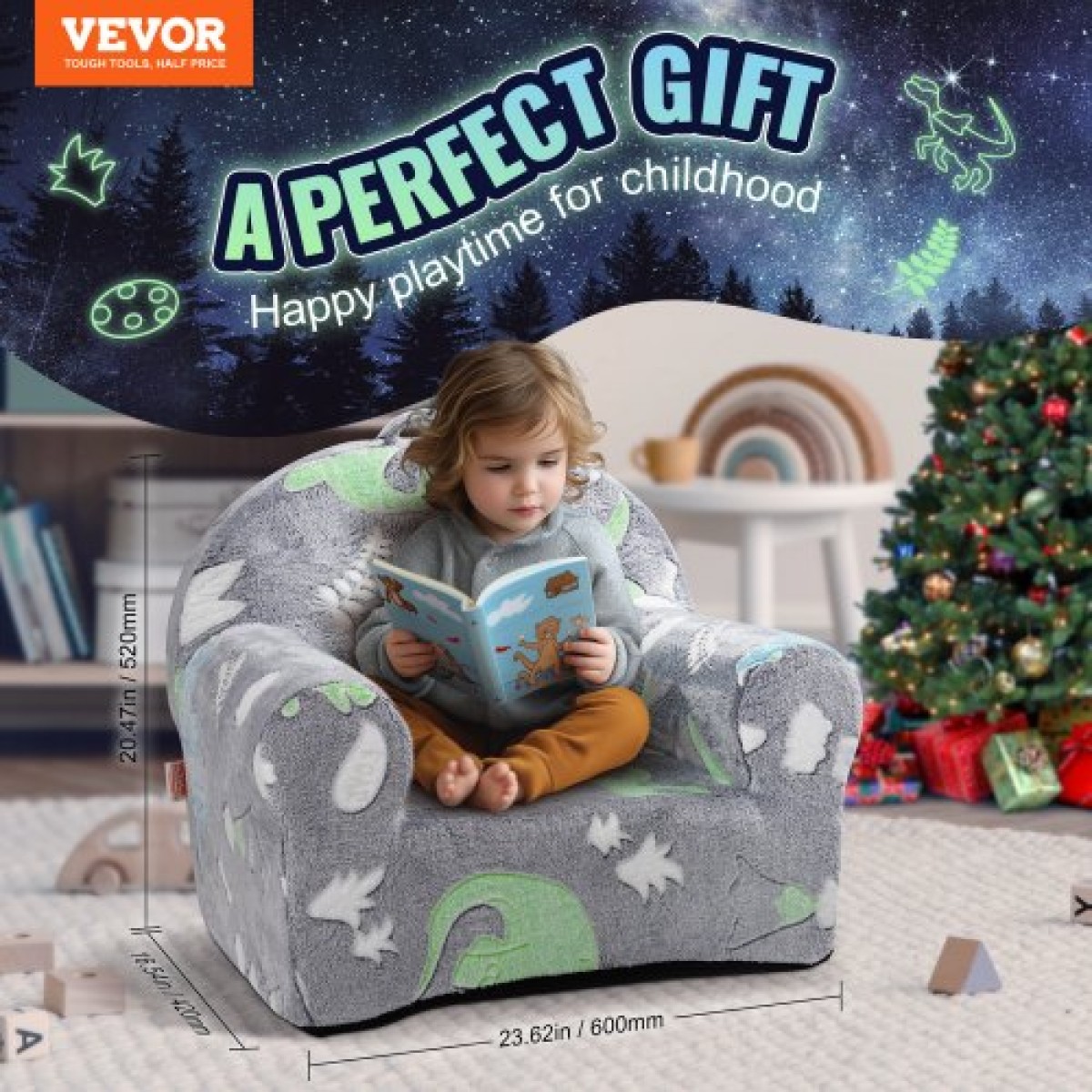 VEVOR Toddler Chair, Παιδική πολυθρόνα Comfy, Παιδική καρέκλα Καναπές-κρεβάτι Glow in The Dark, Παιδική καρέκλα Κάθισμα Playroom Έπιπλα για Παιδιά Κορίτσια & Αγόρια, Γκρι