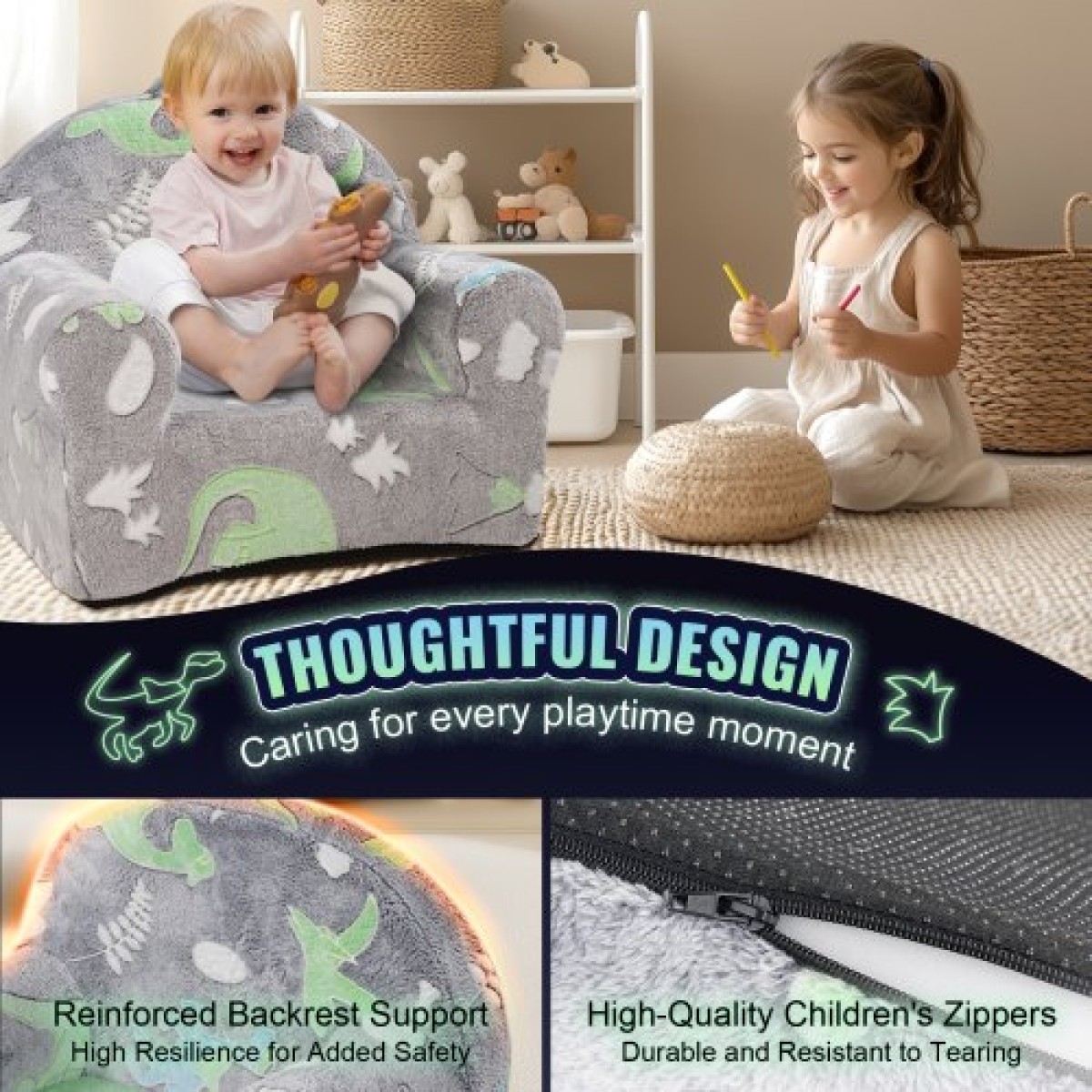 VEVOR Toddler Chair, Παιδική πολυθρόνα Comfy, Παιδική καρέκλα Καναπές-κρεβάτι Glow in The Dark, Παιδική καρέκλα Κάθισμα Playroom Έπιπλα για Παιδιά Κορίτσια & Αγόρια, Γκρι