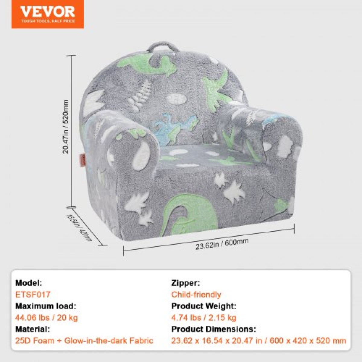 VEVOR Toddler Chair, Παιδική πολυθρόνα Comfy, Παιδική καρέκλα Καναπές-κρεβάτι Glow in The Dark, Παιδική καρέκλα Κάθισμα Playroom Έπιπλα για Παιδιά Κορίτσια & Αγόρια, Γκρι