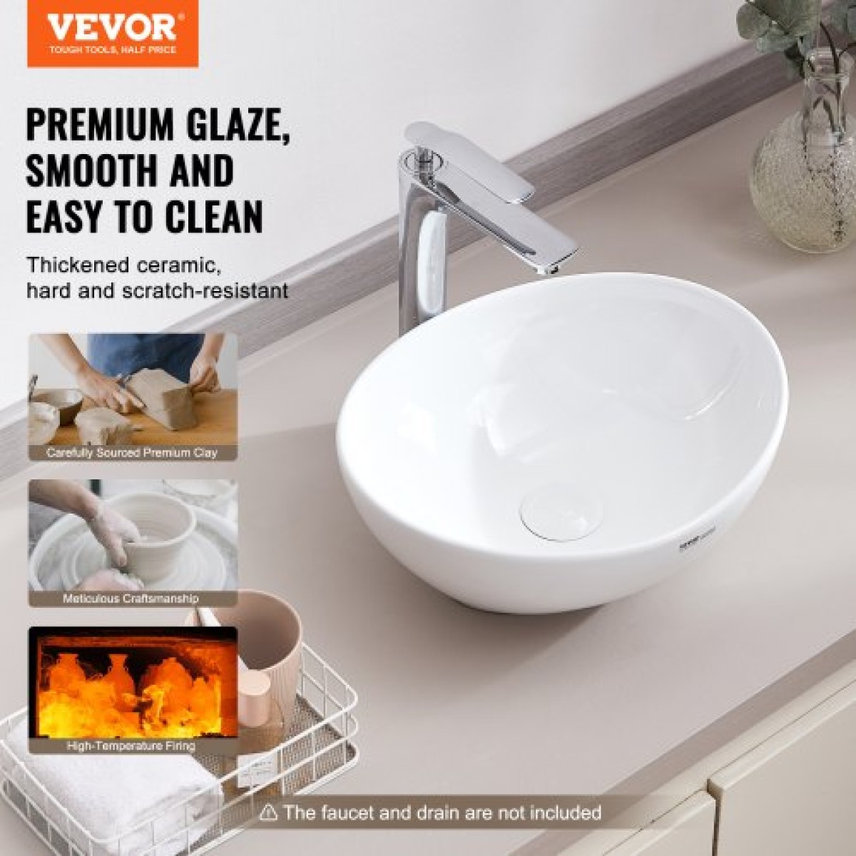 VEVOR Οβάλ νιπτήρας σκαφών, 16" x 13,4" Πάγκος μπολ νιπτήρα σκαφών μπάνιου, Λευκοί κεραμικοί νεροχύτες μπάνιου πάνω από τον πάγκο, νιπτήρας μπολ με μοντέρνο στυλ, καλά συσκευασμένος για μπάνιο, ξενοδοχείο, τουαλέτα, RV