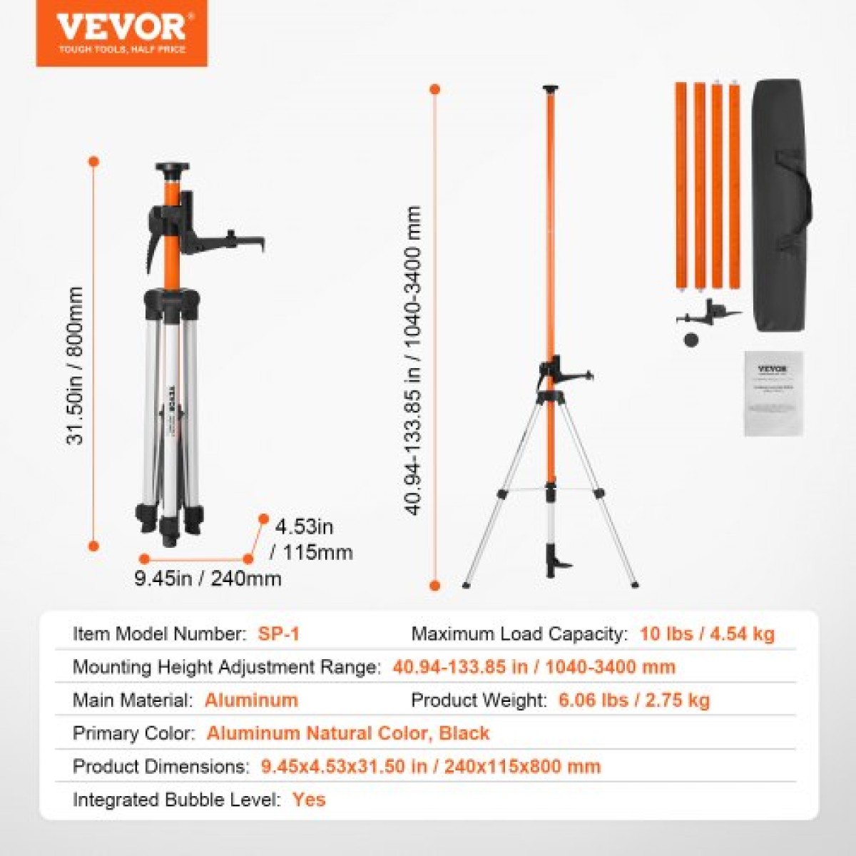 VEVOR Laser Level Tripod 10,2 cm-20 & 20,3 cm-11 Thread 1040-3400 mm Height Adjust