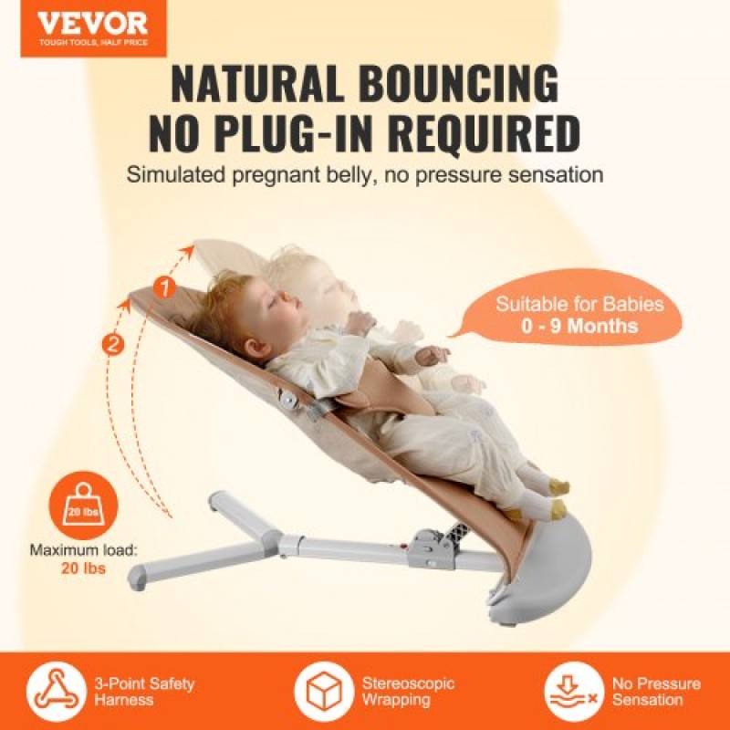 VEVOR Baby Bouncer, Πτυσσόμενο κάθισμα Bouncer για μωρά 0-9 μηνών, Καρέκλα Bouncer για νεογέννητο με 2 γωνίες ανάκλισης & λουρί 3 σημείων, φορητό βρεφικό ρολό με τσάντα μεταφοράς για εσωτερικούς χώρους, Camel