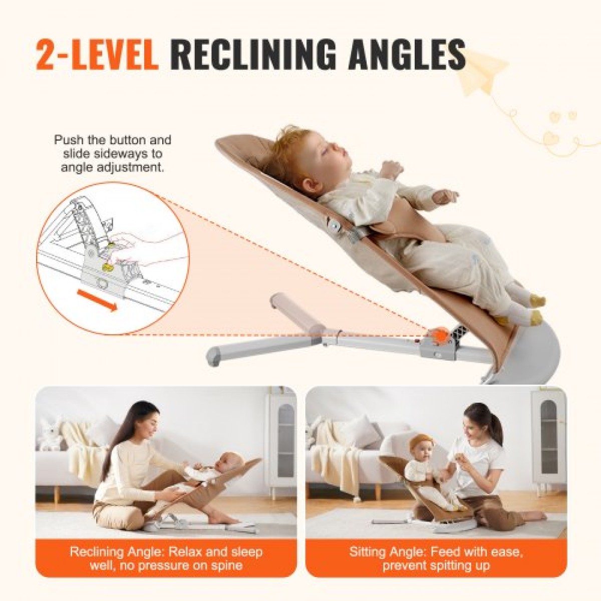 VEVOR Baby Bouncer, Πτυσσόμενο κάθισμα Bouncer για μωρά 0-9 μηνών, Καρέκλα Bouncer για νεογέννητο με 2 γωνίες ανάκλισης & λουρί 3 σημείων, φορητό βρεφικό ρολό με τσάντα μεταφοράς για εσωτερικούς χώρους, Camel