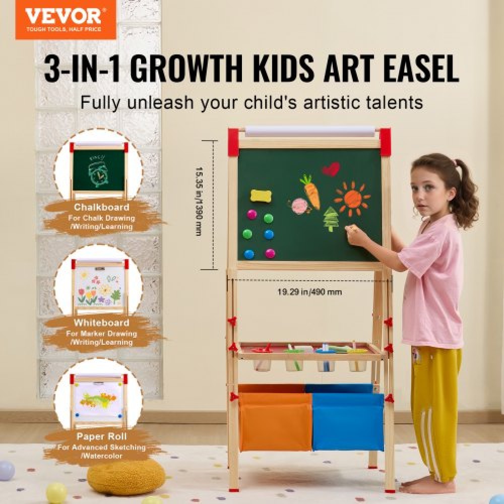 VEVOR Art Easel for Kids, 3 σε 1 Ξύλινο Παιδικό καλλιτεχνικό καβαλέτο διπλής όψεως με μαγνητικό πίνακα, μαυροπίνακα, ρολό χαρτιού, ρυθμιζόμενο όρθιο πίνακα σχεδίασης με αξεσουάρ ζωγραφικής, αποθήκευση για αγόρι κορίτσι
