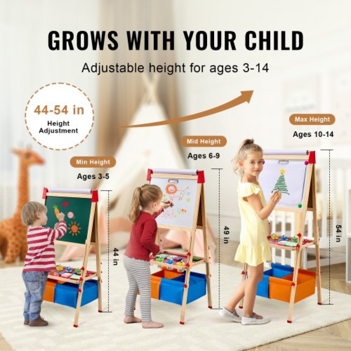 VEVOR Art Easel for Kids, 3 σε 1 Ξύλινο Παιδικό καλλιτεχνικό καβαλέτο διπλής όψεως με μαγνητικό πίνακα, μαυροπίνακα, ρολό χαρτιού, ρυθμιζόμενο όρθιο πίνακα σχεδίασης με αξεσουάρ ζωγραφικής, αποθήκευση για αγόρι κορίτσι