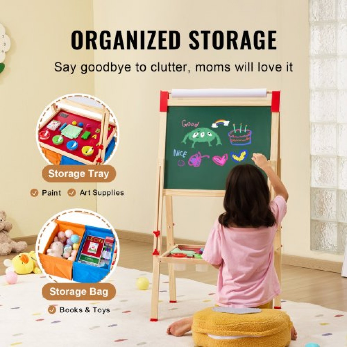 VEVOR Art Easel for Kids, 3 σε 1 Ξύλινο Παιδικό καλλιτεχνικό καβαλέτο διπλής όψεως με μαγνητικό πίνακα, μαυροπίνακα, ρολό χαρτιού, ρυθμιζόμενο όρθιο πίνακα σχεδίασης με αξεσουάρ ζωγραφικής, αποθήκευση για αγόρι κορίτσι