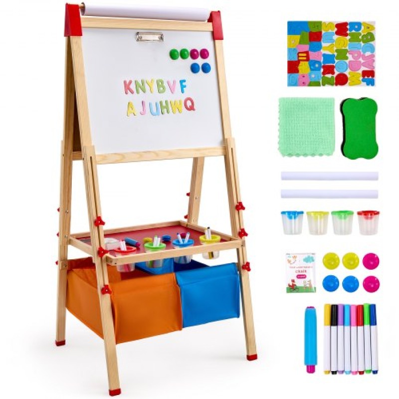 VEVOR Art Easel for Kids, 3 σε 1 Ξύλινο Παιδικό καλλιτεχνικό καβαλέτο διπλής όψεως με μαγνητικό πίνακα, μαυροπίνακα, ρολό χαρτιού, ρυθμιζόμενο όρθιο πίνακα σχεδίασης με αξεσουάρ ζωγραφικής, αποθήκευση για αγόρι κορίτσι