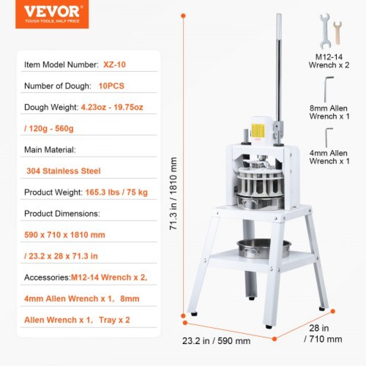 VEVOR Dough Divider Rounder, 10PCS Manual Dough Equal Divider Machine, 4,23oz - 19,75oz Χειροπίεση Κόφτης ζύμης με δίσκο και λεπίδα από ανοξείδωτο ατσάλι 304, Αρτοποιός για αρτοποιεία, εστιατόρια, εμπορικά καταστήματα