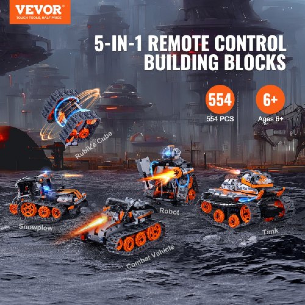 VEVOR STEM Building Toys for Kids, 5-in-1 554 PCS, Remote control Building Kits Car Remote & APP Controlled Car/Robot/Tank/Rubik's Cube/Snowplow, RC STEM Robots Building Set for boys girls 6+