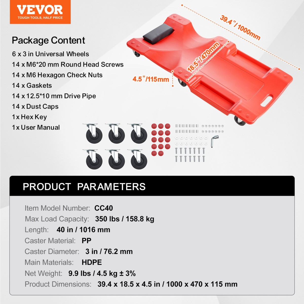 VEVOR Mechanic Plastic Creeper, 1016 mm, χωρητικότητας 158,8 kg Automotive Rolling Garage Creeper με χυτευμένο εργονομικό σώμα HDPE με επένδυση και διπλούς δίσκους εργαλείων 6 τροχούς, για επισκευή αυτοκινήτων Garage Shop