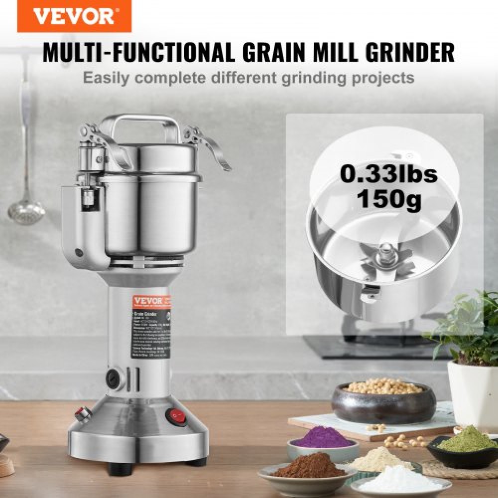 VEVOR Ηλεκτρικός μύλος σιτηρών VEVOR 150g, Εμπορικοί μύλοι μπαχαρικών υψηλής ταχύτητας 850W, Μηχανή σε σκόνη πολτοποιητής από ανοξείδωτο χάλυβα, για ξηρούς κόκκους Μπαχαρικά Δημητριακά Καφές πιπέρι καλαμποκιού, ίσιος τύπος