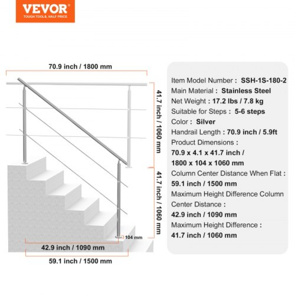 VEVOR 180,1 cm Κιγκλιδώματα για Εξωτερικά σκαλοπάτια 2 Εγκάρσιες ράβδοι Σκάλα για Βεράντα