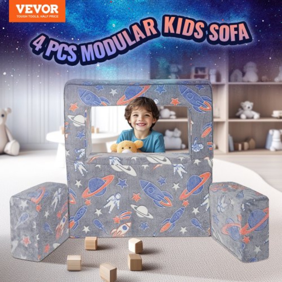 VEVOR Παιδικός καναπές, 4 τμχ Καναπές για νήπια-κρεβάτι, παιδική καρέκλα Έπιπλα παιδότοπου, Παιδικός τμηματικός καναπές με αφαιρούμενο κάλυμμα για παιδιά κορίτσια και αγόρια, σκούρο γκρι
