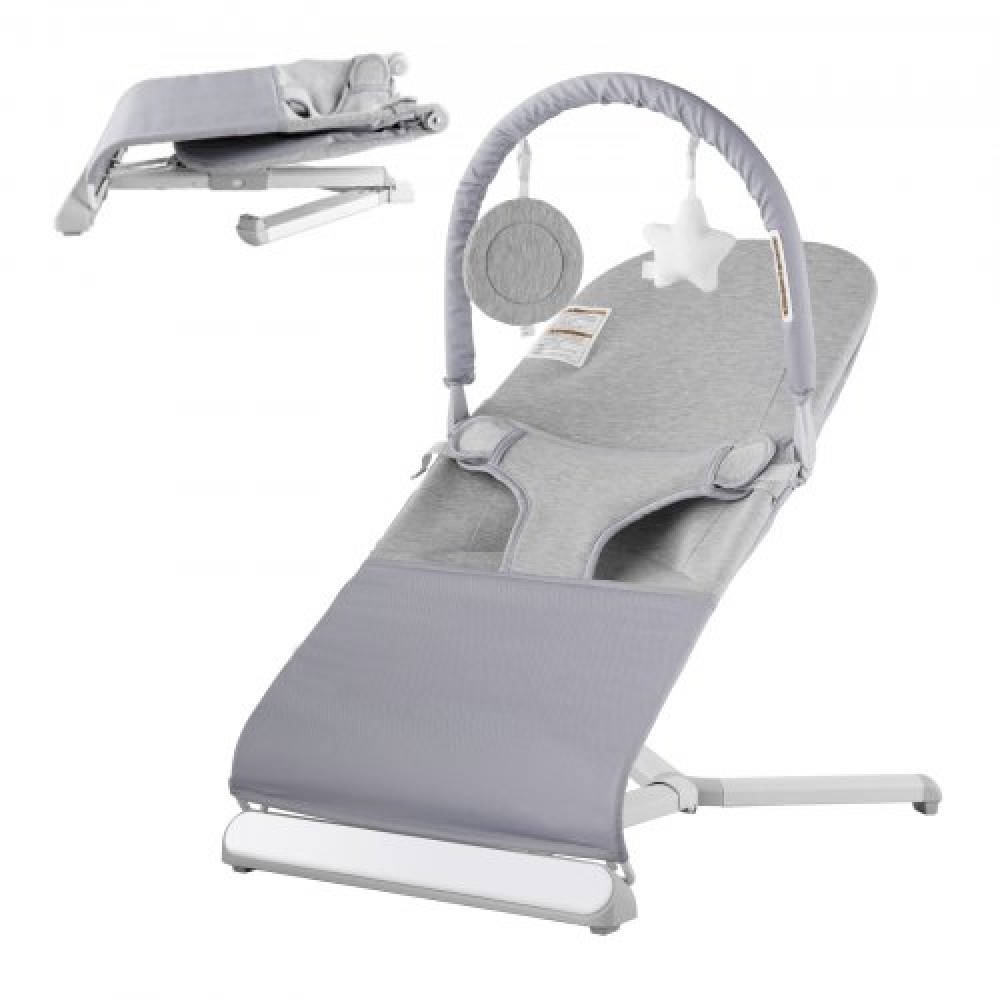 VEVOR Baby Bouncer, Πτυσσόμενο κάθισμα Bouncer για μωρά 0-9 μηνών, Καρέκλα Bouncer νεογέννητων με 2 γωνίες ανάκλισης & περιστρεφόμενη μπάρα παιχνιδιών, φορητό βρεφικό ρολό με τσάντα ταξιδιού για εσωτερικούς χώρους, ανοιχτό γκρι