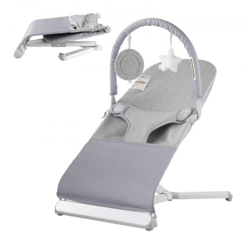 VEVOR Baby Bouncer, Πτυσσόμενο κάθισμα Bouncer για μωρά 0-9 μηνών, Καρέκλα Bouncer νεογέννητων με 2 γωνίες ανάκλισης & περιστρεφόμενη μπάρα παιχνιδιών, φορητό βρεφικό ρολό με τσάντα ταξιδιού για εσωτερικούς χώρους, ανοιχτό γκρι