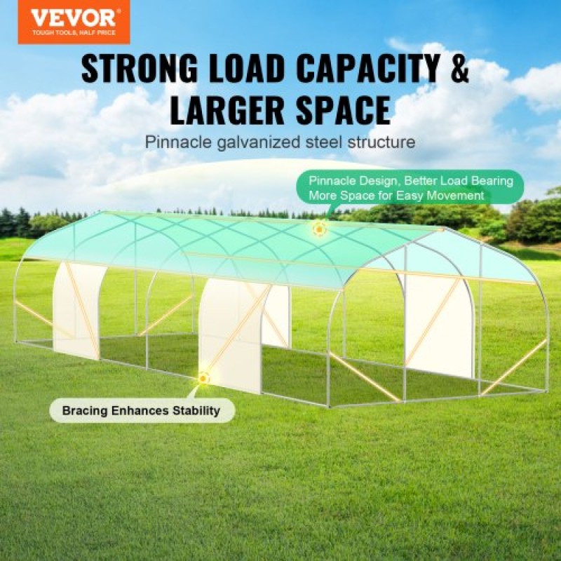 Θερμοκήπιο VEVOR Walk-in Tunnel, σήραγγα θερμοκηπίου Hoop House 29,5x9,8x6,6 ft, Hot House Plant Peaked Roof με πλαίσιο από γαλβανισμένο χάλυβα, πράσινο κάλυμμα PE, πόρτα με φερμουάρ και 12 παράθυρα για εξωτερικούς χώρους