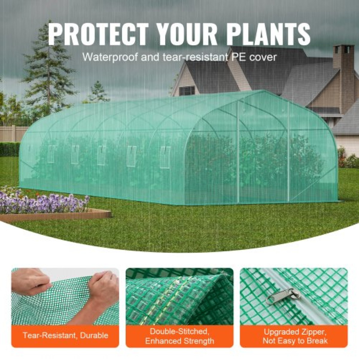 Θερμοκήπιο VEVOR Walk-in Tunnel, σήραγγα θερμοκηπίου Hoop House 29,5x9,8x6,6 ft, Hot House Plant Peaked Roof με πλαίσιο από γαλβανισμένο χάλυβα, πράσινο κάλυμμα PE, πόρτα με φερμουάρ και 12 παράθυρα για εξωτερικούς χώρους