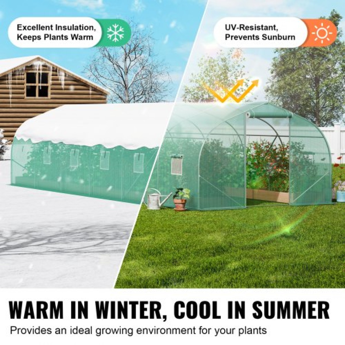 Θερμοκήπιο VEVOR Walk-in Tunnel, σήραγγα θερμοκηπίου Hoop House 29,5x9,8x6,6 ft, Hot House Plant Peaked Roof με πλαίσιο από γαλβανισμένο χάλυβα, πράσινο κάλυμμα PE, πόρτα με φερμουάρ και 12 παράθυρα για εξωτερικούς χώρους