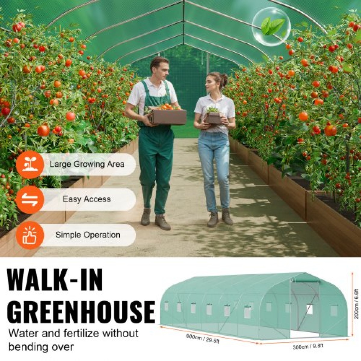 Θερμοκήπιο VEVOR Walk-in Tunnel, σήραγγα θερμοκηπίου Hoop House 29,5x9,8x6,6 ft, Hot House Plant Peaked Roof με πλαίσιο από γαλβανισμένο χάλυβα, πράσινο κάλυμμα PE, πόρτα με φερμουάρ και 12 παράθυρα για εξωτερικούς χώρους
