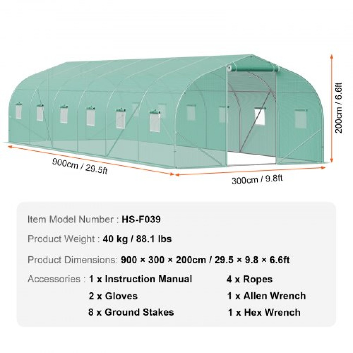 Θερμοκήπιο VEVOR Walk-in Tunnel, σήραγγα θερμοκηπίου Hoop House 29,5x9,8x6,6 ft, Hot House Plant Peaked Roof με πλαίσιο από γαλβανισμένο χάλυβα, πράσινο κάλυμμα PE, πόρτα με φερμουάρ και 12 παράθυρα για εξωτερικούς χώρους
