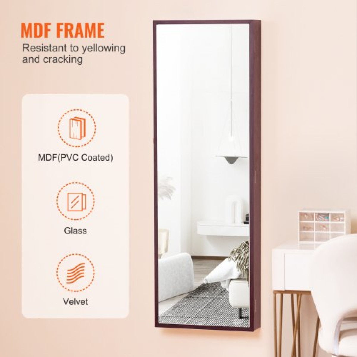 Ντουλάπα κοσμημάτων VEVOR Mirror, 42,52 ιντσών ψηλό ντουλάπι κοσμημάτων με δυνατότητα κλειδώματος με ολόσωμο καθρέφτη, επιτοίχια ή πόρτα οργάνωσης καθρέφτη κοσμημάτων με εσωτερικά φώτα LED και βελούδινη επένδυση, καφέ