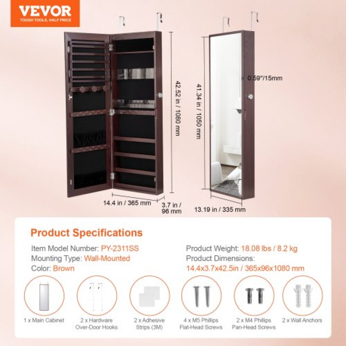 Ντουλάπα κοσμημάτων VEVOR Mirror, 42,52 ιντσών ψηλό ντουλάπι κοσμημάτων με δυνατότητα κλειδώματος με ολόσωμο καθρέφτη, επιτοίχια ή πόρτα οργάνωσης καθρέφτη κοσμημάτων με εσωτερικά φώτα LED και βελούδινη επένδυση, καφέ