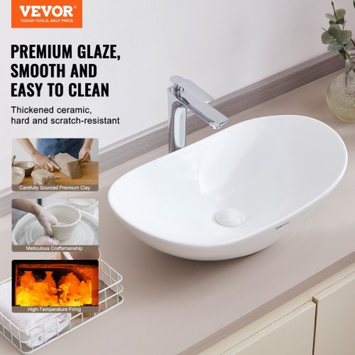 VEVOR Οβάλ Νεροχύτης Σκάφους, 23,3" x 14,2" Πάγκος Μπολ Νεροχύτης Μπάνιου, Λευκοί Κεραμικοί Νεροχύτες Μπάνιου πάνω από τον πάγκο, Νεροχύτης Μπολ με Μοντέρνο Στιλ, Καλά Συσκευασμένος για Μπάνιο, Ξενοδοχείο, Τουαλέτα, RV