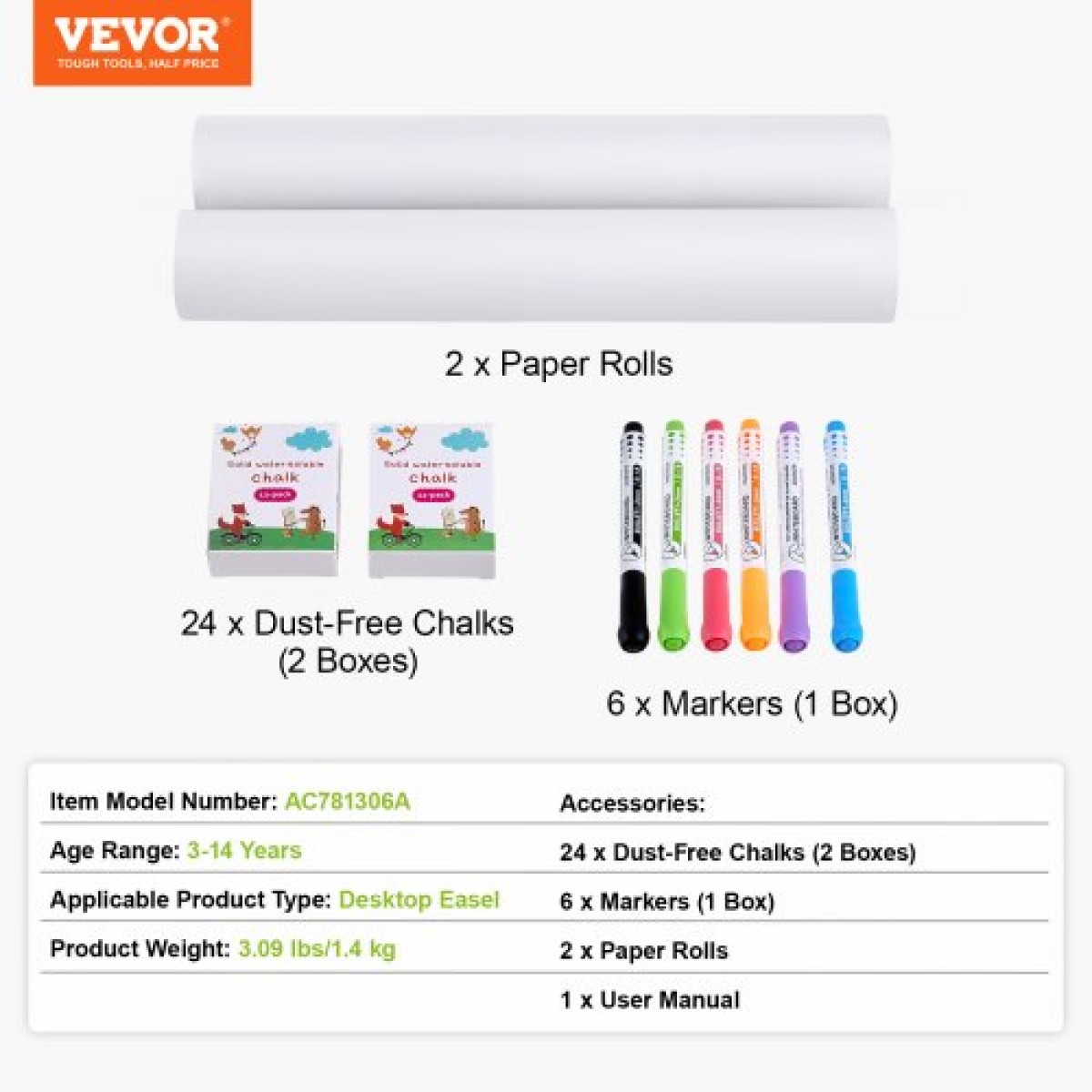 Σετ αξεσουάρ VEVOR Easel, 32 ΤΕΜ. Kid's Art Easel Painting Kit που περιλαμβάνει κιμωλίες, μαρκαδόρους στεγνώματος & ρολά χαρτιού, σετ προμηθειών για επιτραπέζιο καβαλέτο τέχνης, αξεσουάρ ζωγραφικής για νήπια αγόρια και κορίτσια