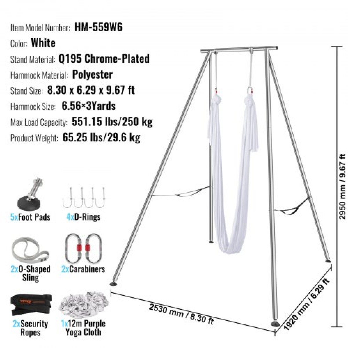 VEVOR Aerial Yoga Frame & Yoga Hammock, Professional Yoga Stand Swing ύψους 9,67 ποδιών, έρχεται με Aerial αιώρα 6,6 Yards, Μέγιστη χωρητικότητα φορτίου 551,15 lbs Εξέδρα γιόγκα για εσωτερικούς εξωτερικούς χώρους Aerial Yoga, λευκό
