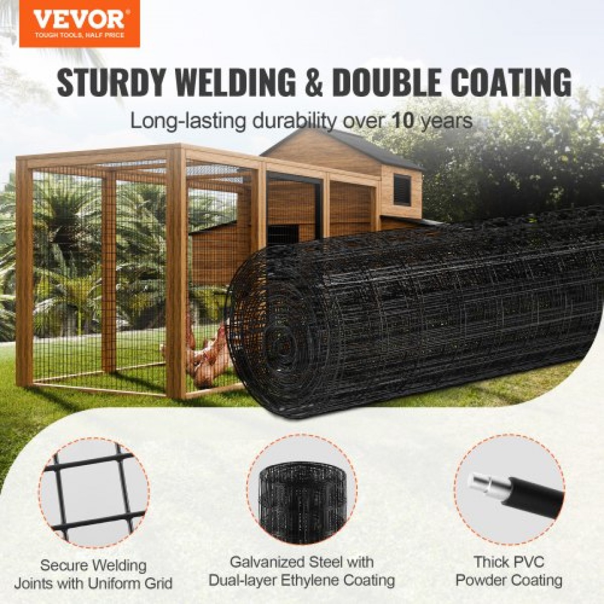 Πανί VEVOR Hardware, 1220 x 15240 mm Ρολό από γαλβανισμένο συρμάτινο πλέγμα, 16 Gauge ρολό συρμάτινο φράχτη κοτόπουλου, μεταλλικό συρμάτινο πλέγμα επικάλυψης βινυλίου για φράγμα κοτέτσι, φράχτες φιδιών κουνελιών, περιβλήματα πουλερικών