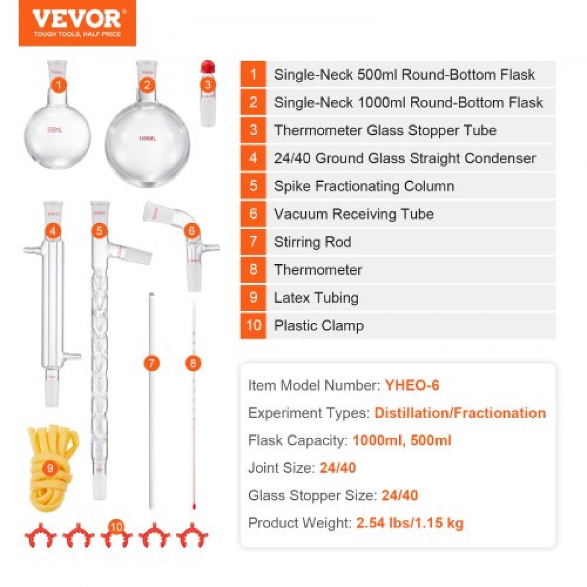 VEVOR Lab Distillation Kit, 3.3 Boro Lab Glassware Distillation Kit with 24, 40 Joint, 1000ml Esential Oil Distillation Apparatus Kit, 14 τμχ Σετ εξοπλισμού γυαλικών