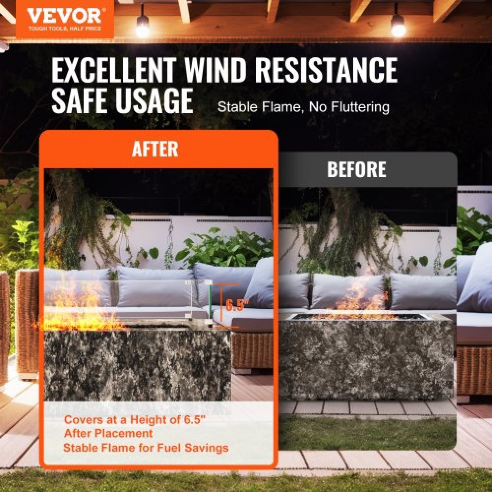 VEVOR Glass Wind Guard for Rectangular Fire Pit Table 748 x 340 x 165 mm, 8mm Thick and Sturdy Tempered Glass Panel with Hard Aluminum Corner Bracket & Rubber Feet, Easy to Assemble