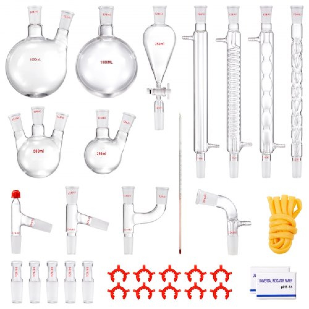 VEVOR Lab Distillation Kit, 3.3 Boro Lab Glassware Distillation Kit with 24, 40 Joint, 1000ml Essential Oil Distillation Apparatus Kit, 32 pcs Set of Glassware Equipment
