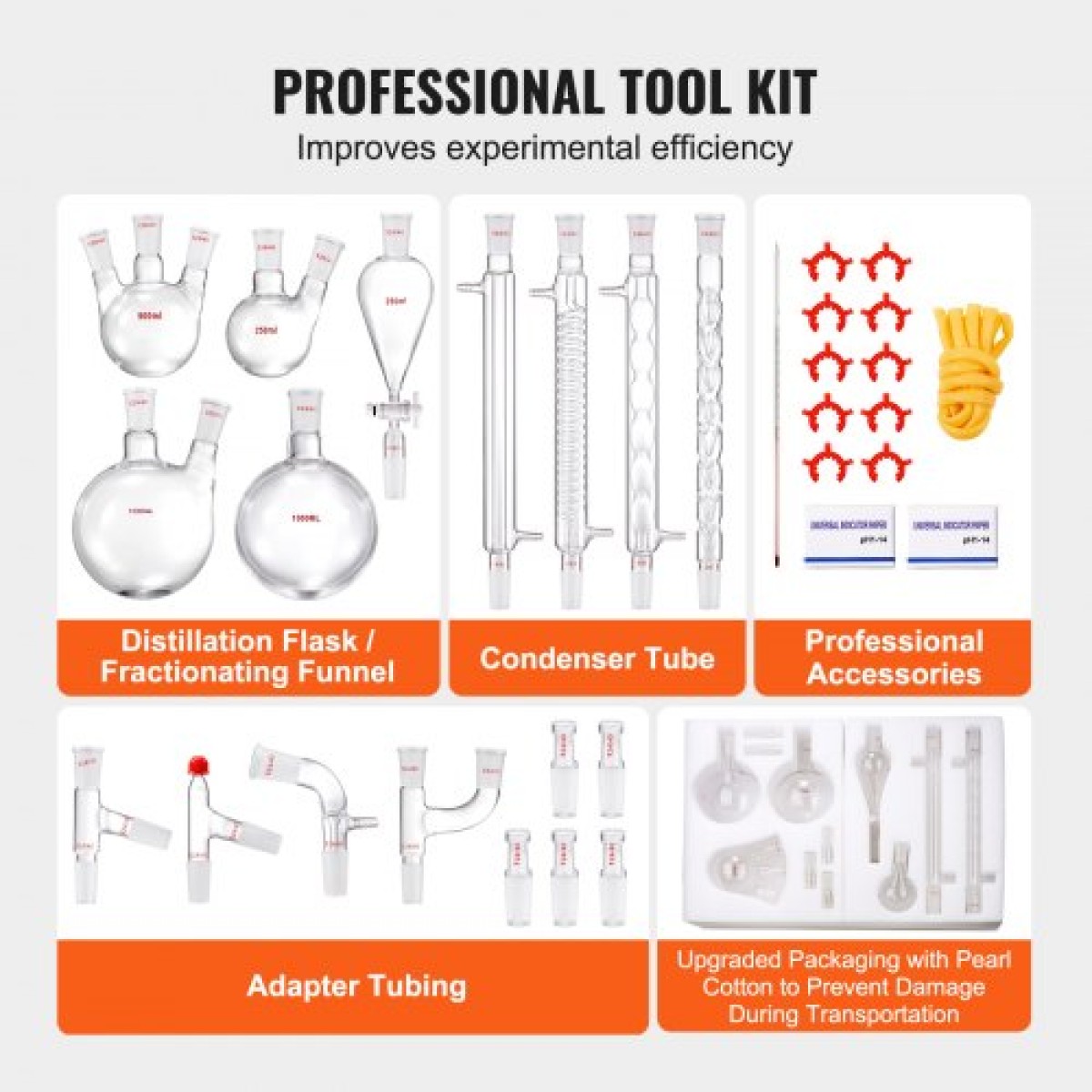 VEVOR Lab Distillation Kit, 3.3 Boro Lab Glassware Distillation Kit with 24, 40 Joint, 1000ml Esential Oil Distillation Apparatus Kit, 32 τμχ Σετ εξοπλισμού γυαλικών