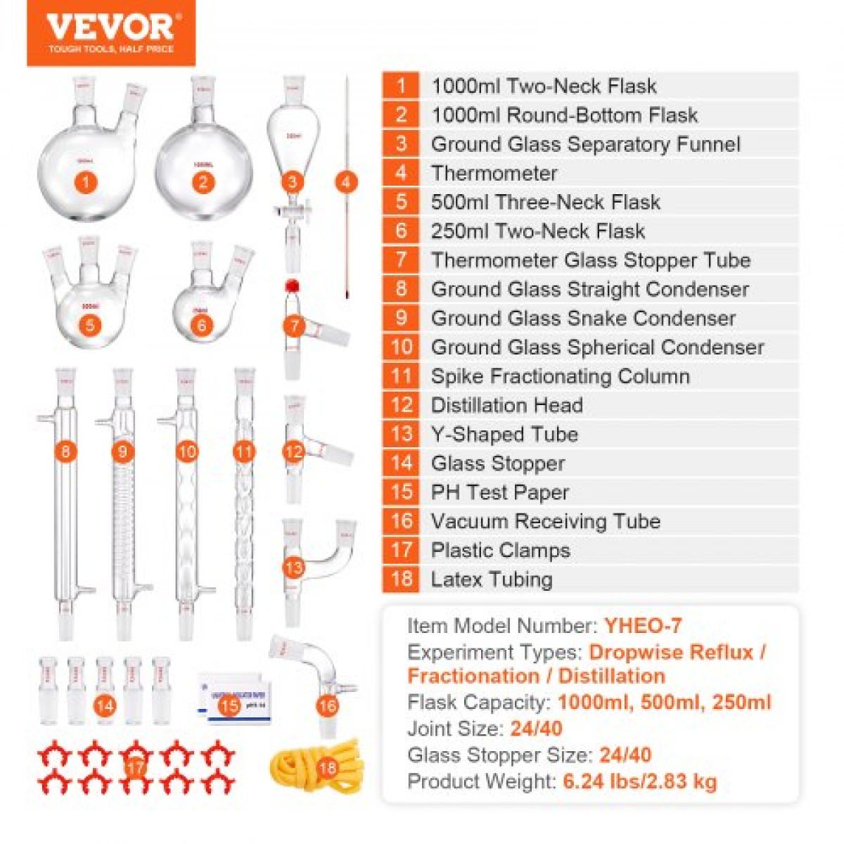 VEVOR Lab Distillation Kit, 3.3 Boro Lab Glassware Distillation Kit with 24, 40 Joint, 1000ml Esential Oil Distillation Apparatus Kit, 32 τμχ Σετ εξοπλισμού γυαλικών