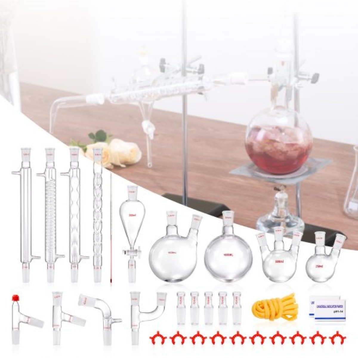 VEVOR Lab Distillation Kit, 3.3 Boro Lab Glassware Distillation Kit with 24, 40 Joint, 1000ml Esential Oil Distillation Apparatus Kit, 32 τμχ Σετ εξοπλισμού γυαλικών