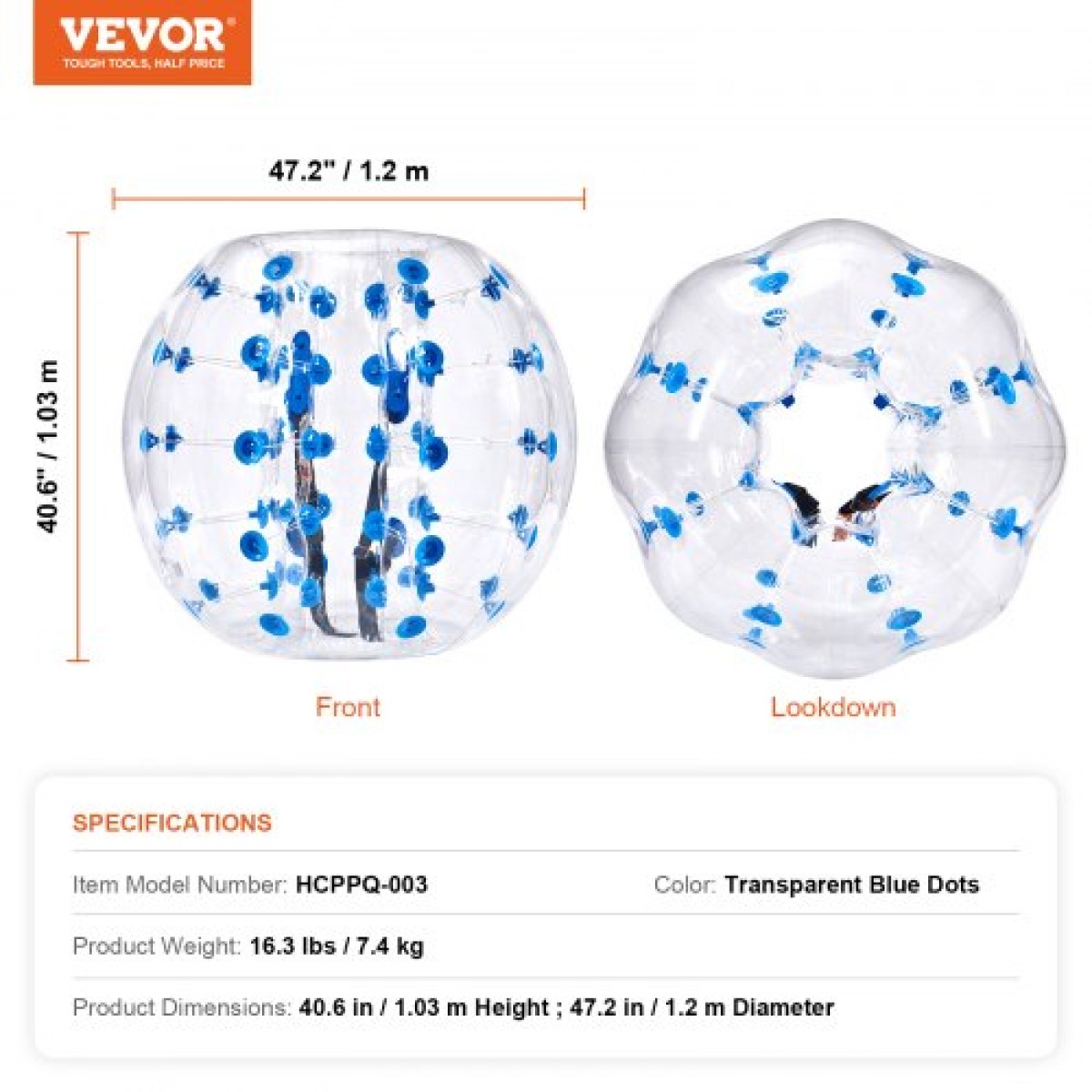 Φουσκωτή μπάλα προφυλακτήρα VEVOR 1-pack, 4FT/1,2M Body Sumo Zorb Balls για εφήβους και ενήλικες, πάχους 0,8mm PVC Human Hamster Bubble Balls για ομαδικό παιχνίδι σε εξωτερικό χώρο, παιχνίδια προφυλακτήρα Bopper για κήπο, αυλή, πάρκο
