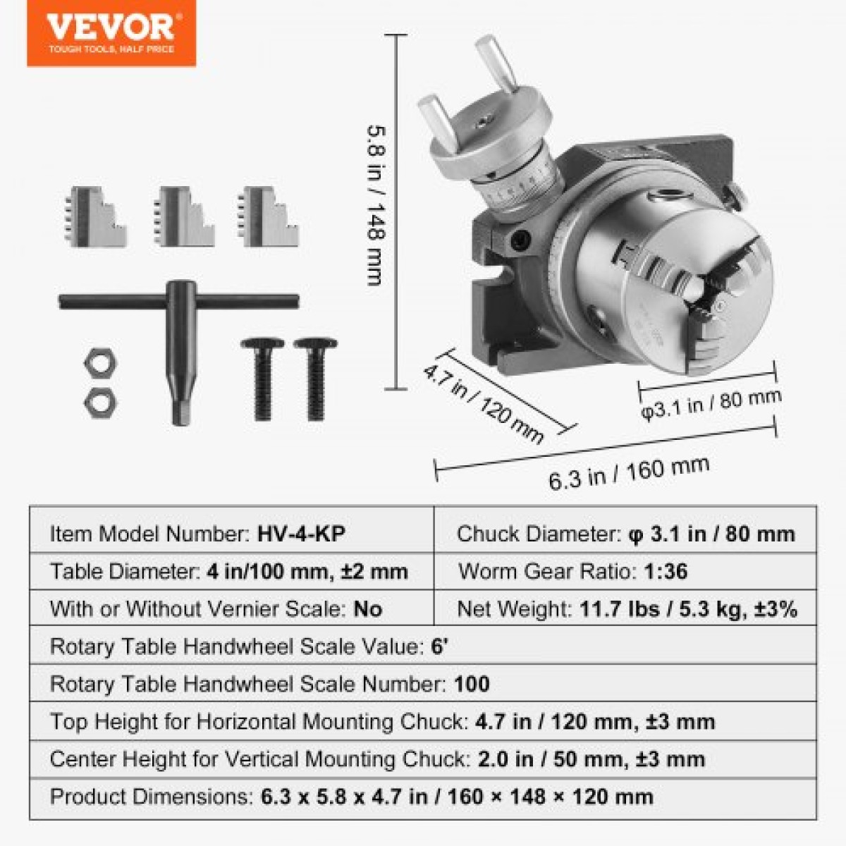 Περιστροφικό τραπέζι VEVOR για φρέζες, 100 mm, περιστροφικό τραπέζι φρεζαρίσματος ακριβείας κάθετου μοντέλου, με παξιμάδια T-bolts τσοκ M10 80 mm, για εργαλεία ευρετηρίου μηχανικής φρέζας