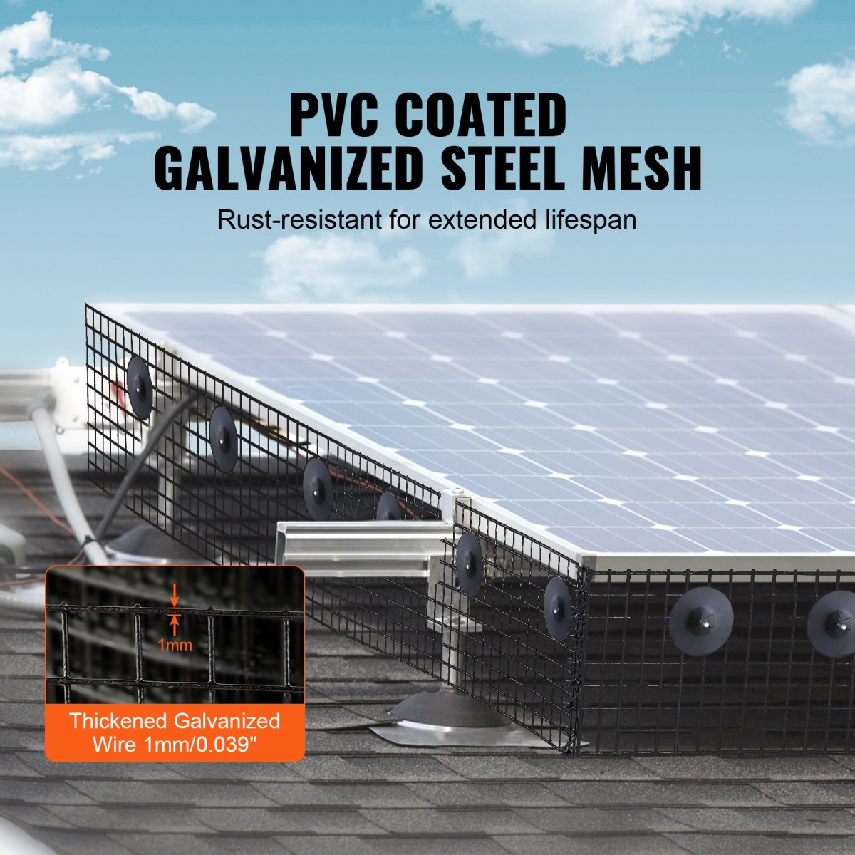 VEVOR 20 x 3048 cm Solar Panel Bird Guard, Critter Guard Roll Kit με 100 τμχ. Συνδετήρες από κράμα αλουμινίου, προστατευτικό ηλιακού πάνελ με επίστρωση PVC ανθεκτική στη σκουριά, συρμάτινο πλέγμα 12,7 mm