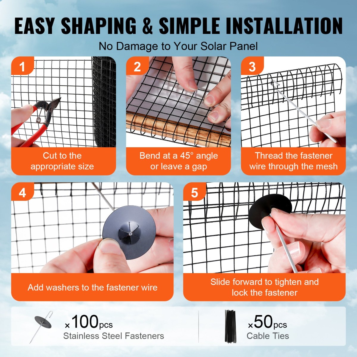 VEVOR 20 x 3048 cm Solar Panel Bird Guard, Critter Guard Roll Kit με 100 τμχ. Συνδετήρες από κράμα αλουμινίου, προστατευτικό ηλιακού πάνελ με επίστρωση PVC ανθεκτική στη σκουριά, συρμάτινο πλέγμα 12,7 mm
