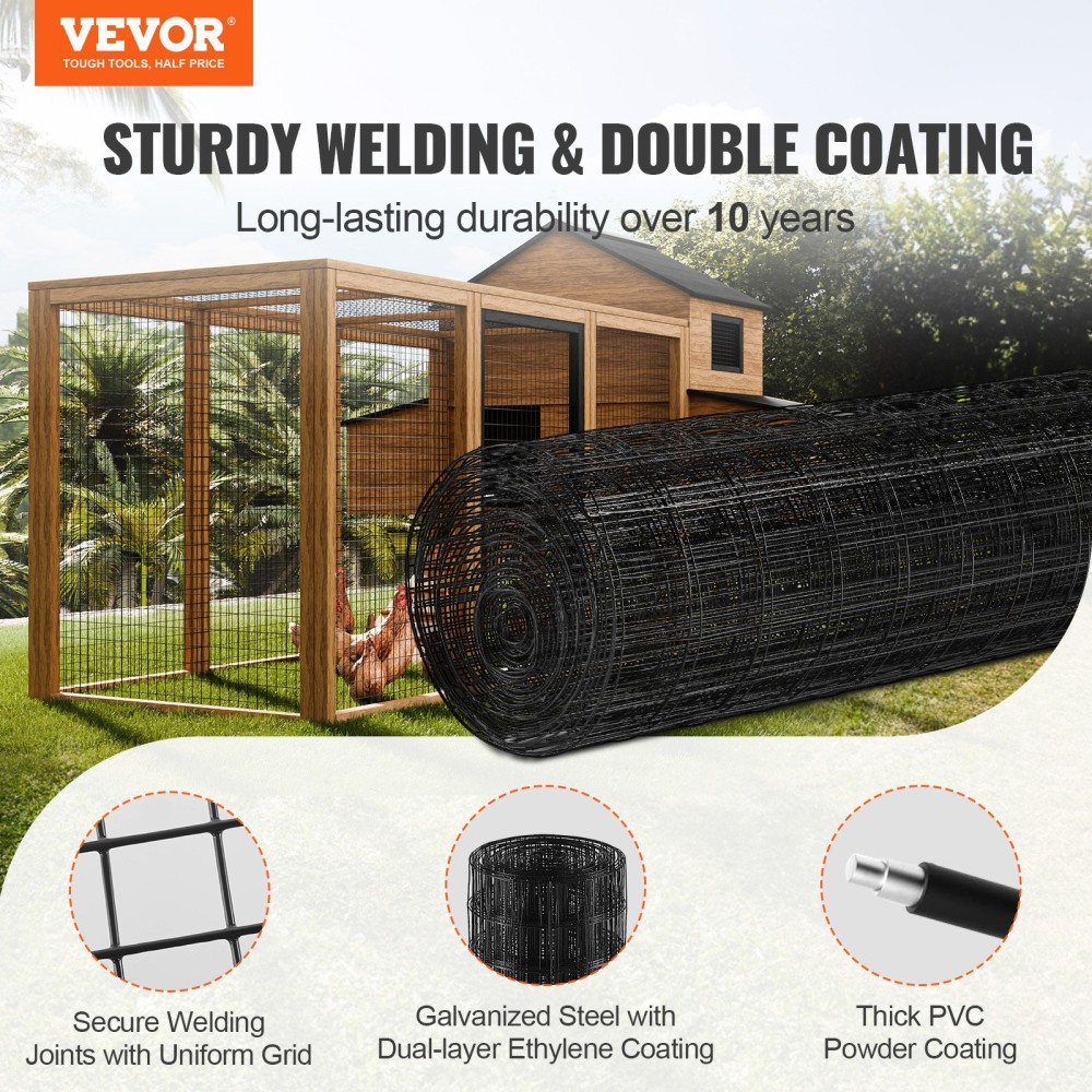 Ύφασμα VEVOR Hardware, 910 x 15240 mm Ρολό από γαλβανισμένο συρμάτινο πλέγμα, 16 Gauge ρολό συρμάτινο φράχτη κοτόπουλου, μεταλλικό συρμάτινο πλέγμα επικάλυψης βινυλίου για φράγμα κοτέτσι, φράχτες φιδιών κουνελιών, περιβλήματα πουλερικών